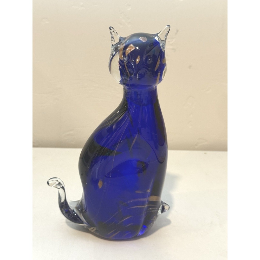 Murano Art Glass Cobalt Blue with Abstract Copper Design CAT Figurine 8" tall